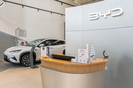 Almaty, Kazakhstan - May 02, 2026: The reception desk at the BYD dealership