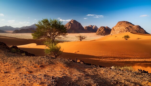 Granite Peaks And Acacia Trees Rise Above The Golden Sands Of The Hoggar Mountains In Southern Algeria