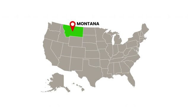 United States map with Montana state highlighted in green and marked with a red location pin on white background.