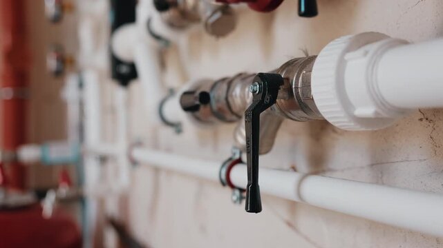 Heating pipeline system with shutoff valves and plastic pipes close up