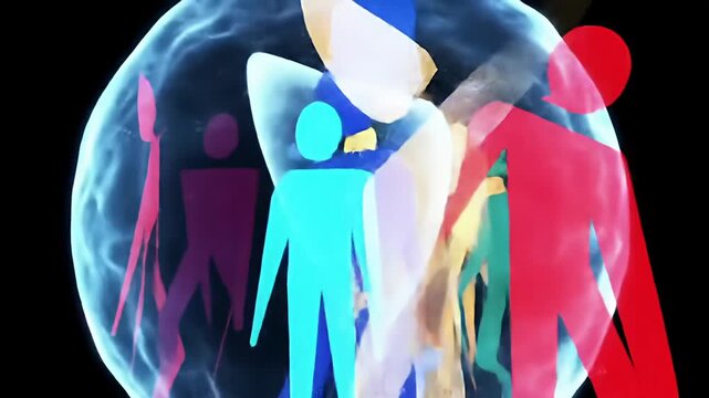 Abstract crowd of colorful figures, enveloped in a protective blue sphere on black
