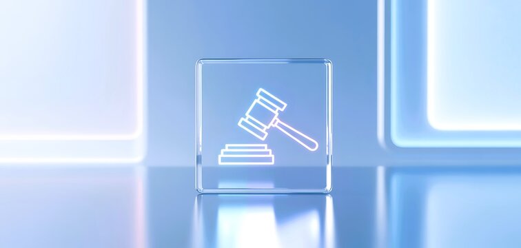 3d render of a glass cube with a glowing neon judge gavel icon inside, set against a modern blue background