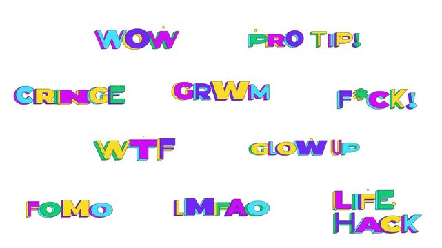 Trendy slang bouncy multicolor words animation set. Internet reaction text. Viral style content creation. Animated playful CTA collection. Fun call-to-action typography in squash-and-stretch motion