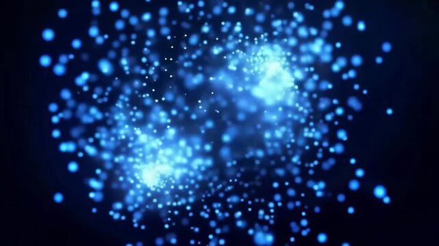 Glowing chat bubble with digital neural network dissolving and disappearing into blue particles in futuristic space