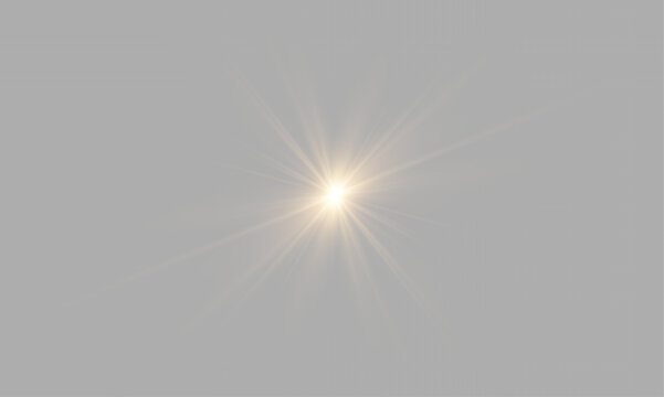 Yellow star flashed with sparkles sun isolated on white background. Soft glow without departing rays, sunlight with lens flare effect. PNG vector light effect