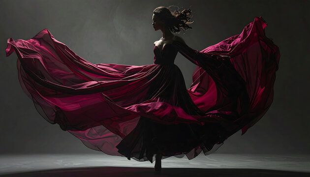 High-end fashion editorial. A dancer in a flowing, diaphanous silk cape
