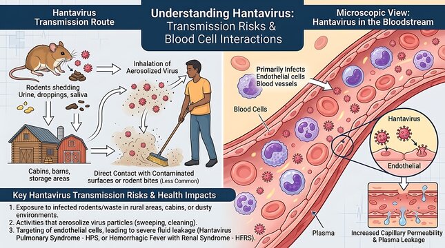 Detailed illustration showing hantavirus transmission risks and bloodstream interactions with endothelial cells
