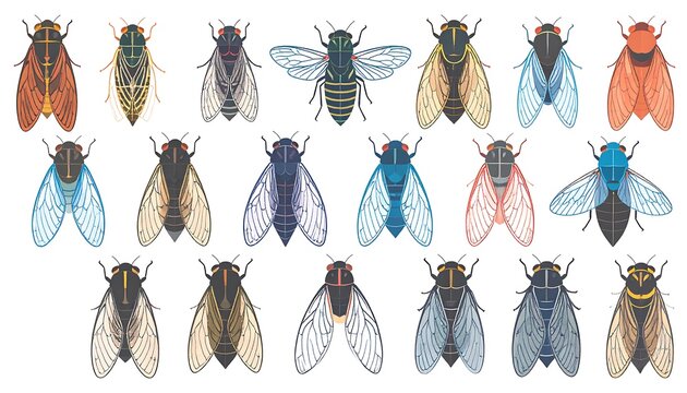 A flat-design illustration showcases a colorful array of cicada species, each with unique wing and body patterns