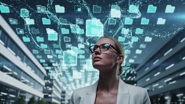 Businesswoman in glasses looks up at floating digital folders and files. Data management, cloud storage and network connection for corporate information access and analytics.