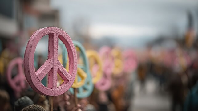 A close-up of colorful peace sign symbols on sticks, with a blurred background suggesting a peaceful or protest gathering.