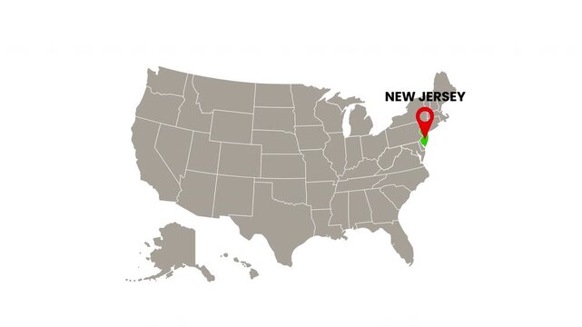 United States map with New Jersey state highlighted in green and marked with a red location pin
