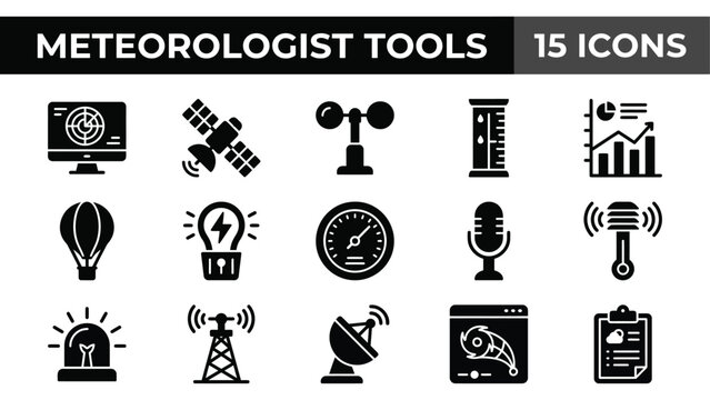 Meteorologist tools icon set, 15 black weather forecasting vector symbols, professional meteorology equipment icons