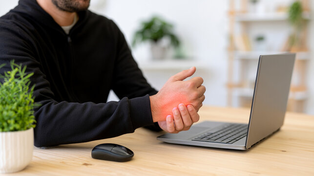 Remote worker experiencing wrist pain and tendonitis from laptop use