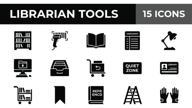 Librarian tools icon set, 15 black solid library icons vector, book management and archive equipment symbols collection