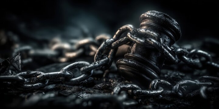 A metallic gavel entangled in heavy chains on a dark textured surface, symbolizing restriction or constraint in justice or law.