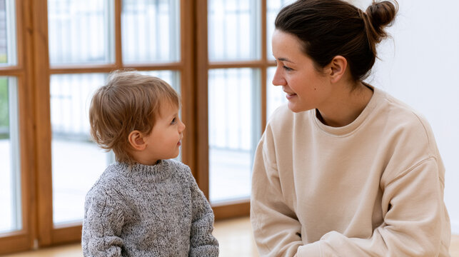 Mother Kneeling to Speak Gently with Child at Eye Level in Warm Atmosphere