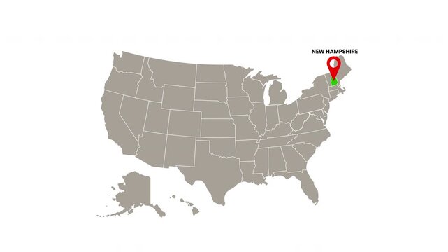 United States map with New Hampshire state highlighted in green and marked with a red location pin