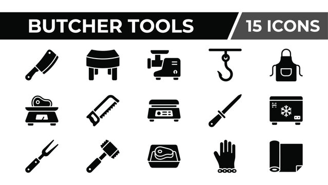 Butcher tools icon set, 15 professional meat processing vector icons, black solid butchery equipment symbols for web