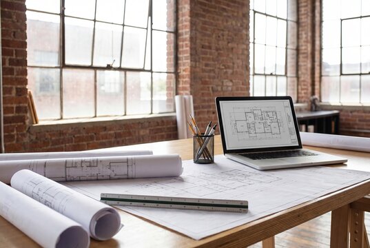 Modern Architecture Workspace with Blueprints and Laptop Amidst Brick Wall Aesthetics