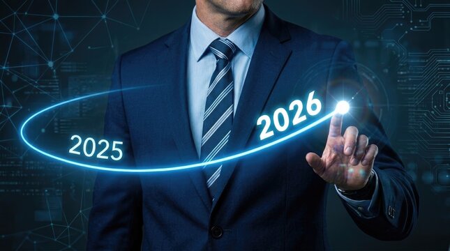 Businessman interacting with futuristic 2025 2026 digital interface technology concept