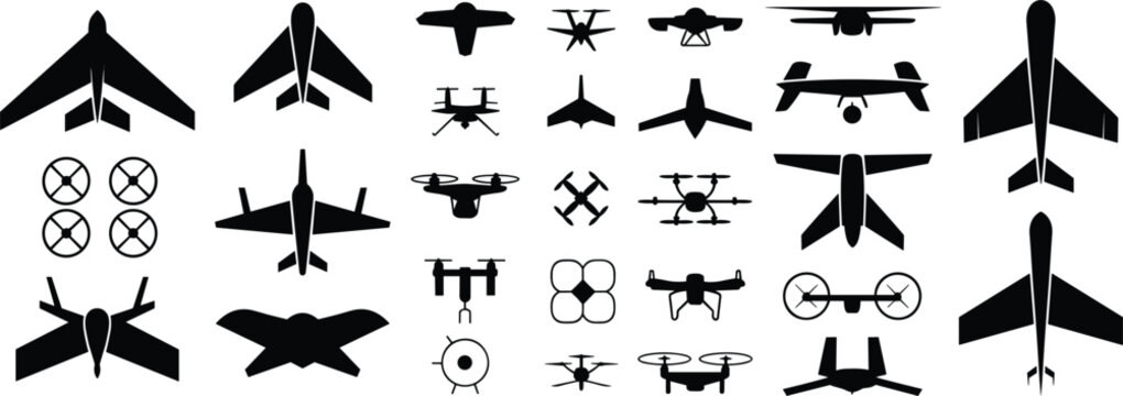Collection of black silhouettes of drones and airplanes aircraft