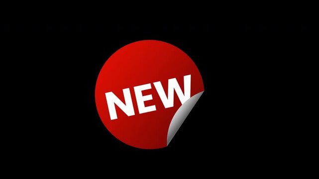 Red circular sticker with white new text and curled corner on black background for product promotion and marketing announcement.