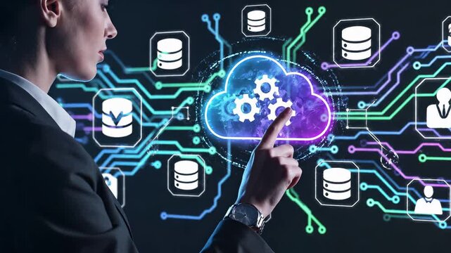 Businesswoman touching cloud computing interface with gears and database. Digital network connection for data storage, server processing, and online information management. Modern technology