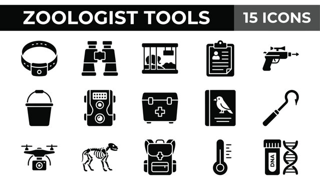 Zoologist tools icon set, 15 black solid vector icons for wildlife research, animal science and veterinary equipment