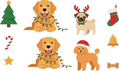 Obraz premium Christmas Dog Celebration Vector Illustration Featuring Cute Puppies Holiday Decorations Festive Costumes Winter Accessories and Seasonal Pet Party Elements