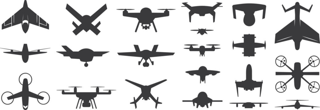 Collection of drone and airplane silhouettes on white background Keywords: drone, airplane, aircraft, aviation, aerial, vehicle