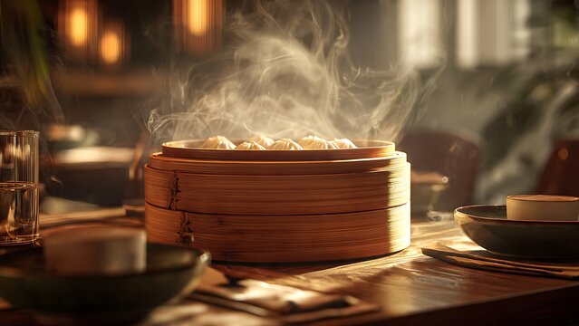 Steaming Dim Sum in Bamboo Steamer.