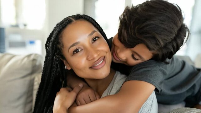 Mother and son embracing on living room sofa indoors