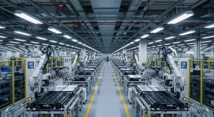 Fototapeta premium Gigafactory interior showcasing advanced robotic assembly lines for electric vehicle battery production