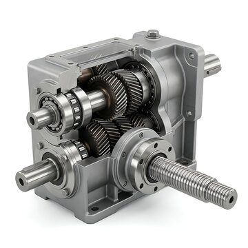 Industrial helical gearbox with lead screw mechanism isolated on white background