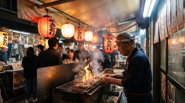 Japanese street food stall with chef cooking over grill under lanterns