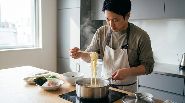 Man preparing homemade ramen noodles in a modern kitchen, carefully checking their doneness with chopsticks