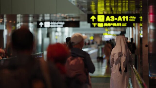 Cinematic Candid Shot of Travelers in a Modern Airport Terminal Corridors passing by Gate Signs