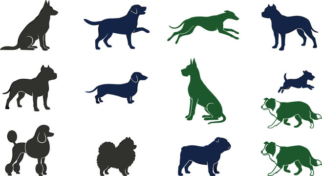 Diverse Dog Breed Silhouette Collection Featuring German Shepherd Greyhound Poodle and Bulldog in Various Poses for Professional Pet Industry Branding and Graphic Design