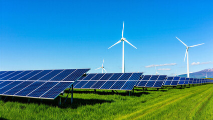 Large solar power plant and wind turbines on a green grass field with mountain view, turbines © PG Studio