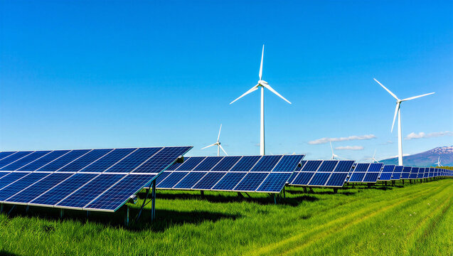 Large solar power plant and wind turbines on a green grass field with mountain view, turbines