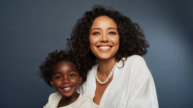 Mother and daughter smiling together in studio portrait