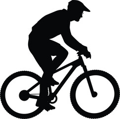 Fototapeta premium Silhouette of a Mountain Biker Riding a Bicycle on White Background Keywords: mountain bike, cyclist, silhouette, riding