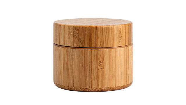 An empty small round brown wooden cosmetic jar box pot placeholder isolated on transparent background cut out