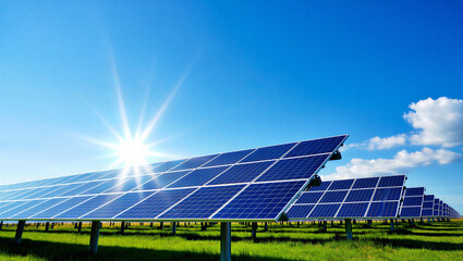 Solar panels photovoltaic power plant under bright sunny blue sky with photovoltaic, renewable © PG Studio