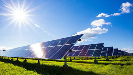 Rows of solar panels in large scale renewable energy farm under clear sky with renewable, technology © PG Studio