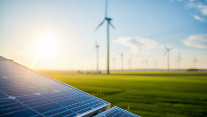 Solar panel arrays and wind energy turbines at sunset with renewable sustainable electricity © PG Studio