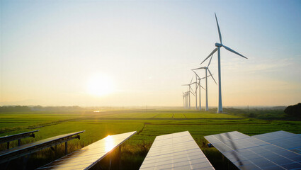Solar panels and wind turbines renewable energy field with turbines renewable electricity