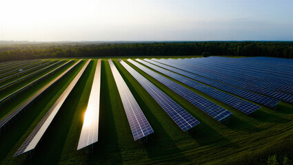 Expansive solar energy farm at sunrise, with long rows of solar panels illuminated by the sun