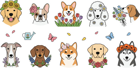 Adorable Dog Breed Portrait Set Featuring Floral Wreaths and Spring Flowers Including Golden Retriever French Bulldog Corgi Poodle and Husky for Nature Designs © Nasima