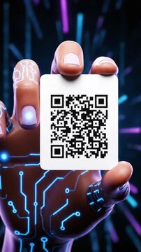 Person holding a qr code against a digital background